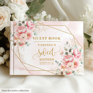 Glamorous Blush Pink Gold Floral Sweet Sixteen  Guest Book