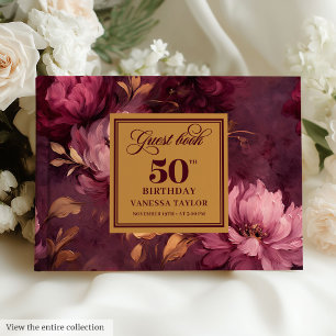 Glamorous burgundy blush gold roses 50 guest book