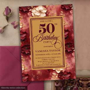 Glamorous burgundy blush gold roses 50th birthday  invitation