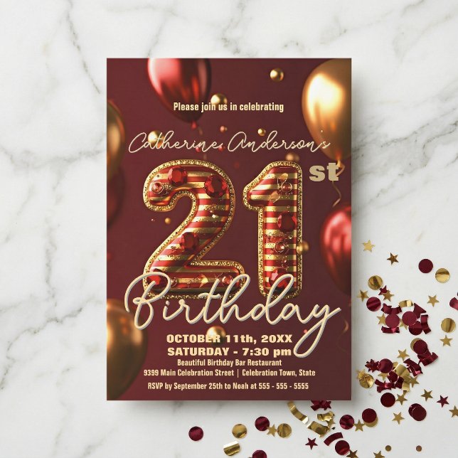 Glamorous Burgundy Red Gold Balloon 21st Birthday Invitation (Creator Uploaded)