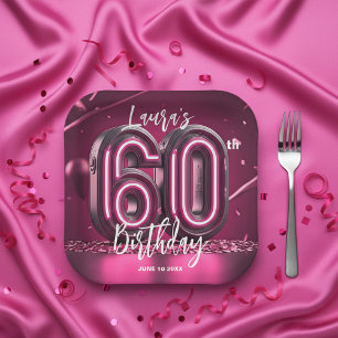 Glamorous Chic Hot Pink Neon 60th Birthday Party Paper Plate