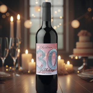 Glamorous Chic Pink and Silver Sequin 30 Birthday Wine Label