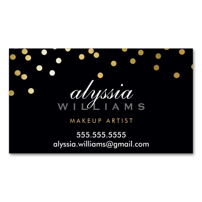 GLAMOROUS CONFETTI spot cute faux gold foil black Magnetic Business Card (Front)
