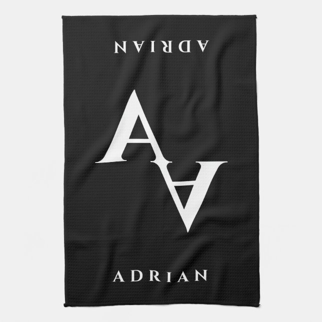 Glamorous double name monogram black and white tea towel (Vertical)