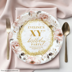 Glamorous Dusty Pink Floral Birthday Paper Plates