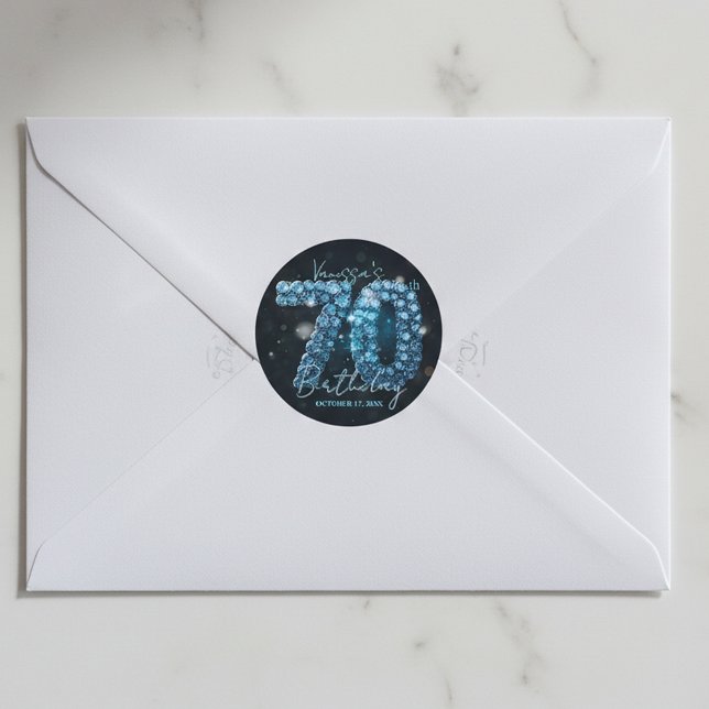 Glamorous Elegant Teal Blue Diamonds 70th Birthday Classic Round Sticker (Creator Uploaded)