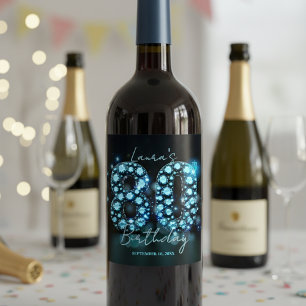 Glamorous Elegant Teal Blue Diamonds 80th Birthday Wine Label
