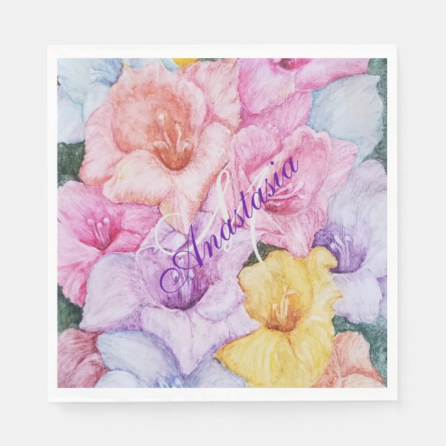 GLAMOROUS GLADIOLA FLOWERS MONOGRAM PARTY NAPKIN (Front)