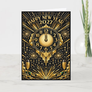 Glamorous Gold Art Deco Midnight New Year Holiday Card