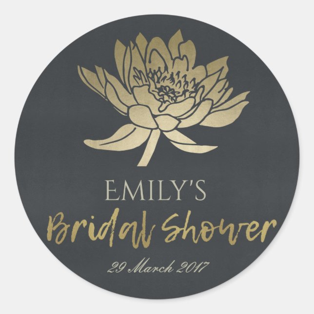 GLAMOROUS GOLD BLACK LOTUS FLORAL BRIDAL SHOWER CLASSIC ROUND STICKER (Front)