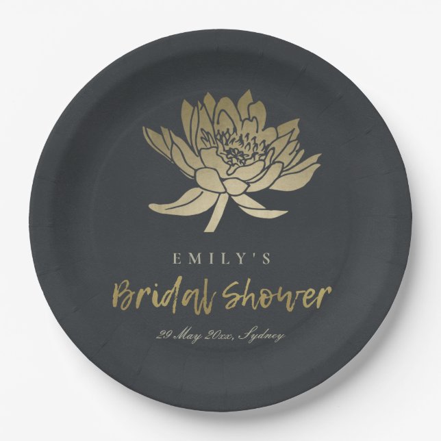 GLAMOROUS GOLD BLACK LOTUS FLORAL  BRIDAL SHOWER PAPER PLATE (Front)