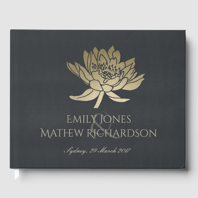 GLAMOROUS GOLD BLUE BLACK LOTUS FLORAL MONOGRAM GUEST BOOK (Front)