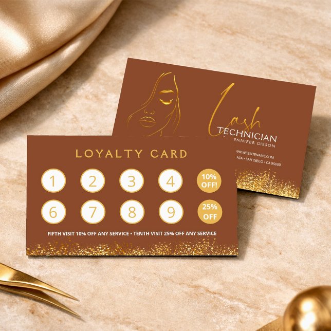 Glamorous Gold & Brown Lash Tech  Loyalty Card (Creator Uploaded)