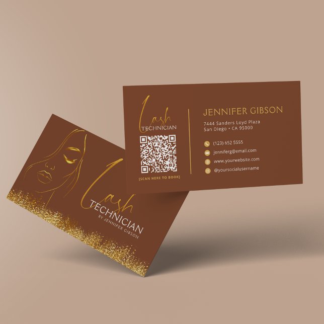 Glamorous Gold & Brown Lash Tech QR Code  Business Card (Creator Uploaded)