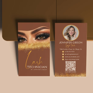 Glamorous Gold & Brown Lash Tech QR Code Business Card