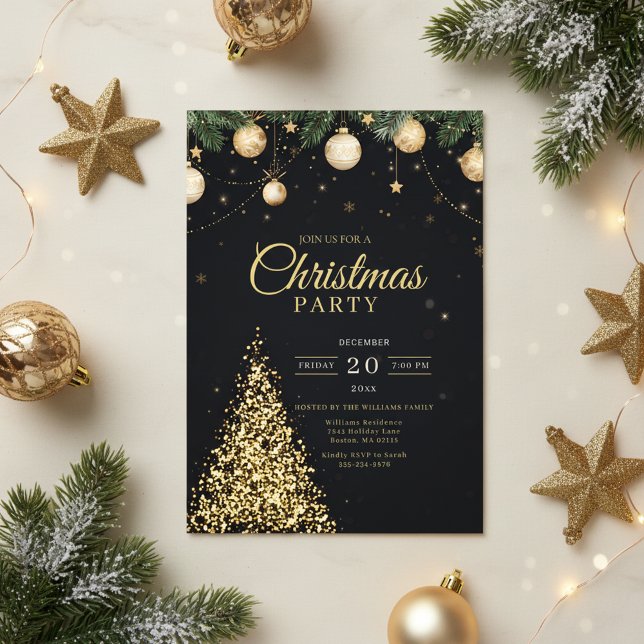 Glamorous Gold Christmas Tree Party Invite (Gold Christmas Tree)