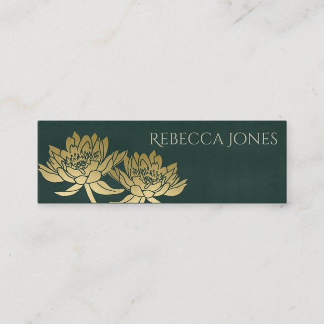 GLAMOROUS GOLD DARK GREEN  LOTUS FLORAL  ADDRESS MINI BUSINESS CARD (Front)