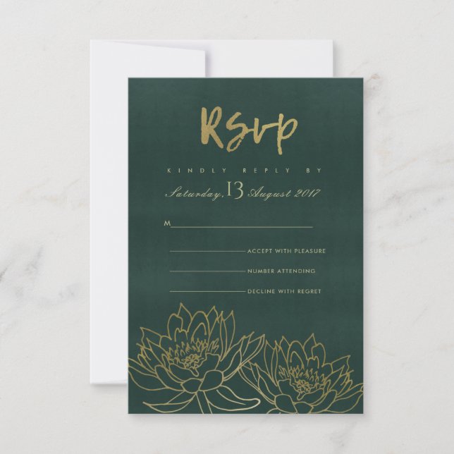 GLAMOROUS GOLD DARK GREEN LOTUS FLORAL RSVP CARD (Front)