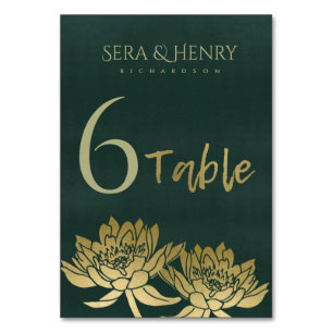 GLAMOROUS GOLD DARK GREEN LOTUS FLORAL TABLE NUMBER