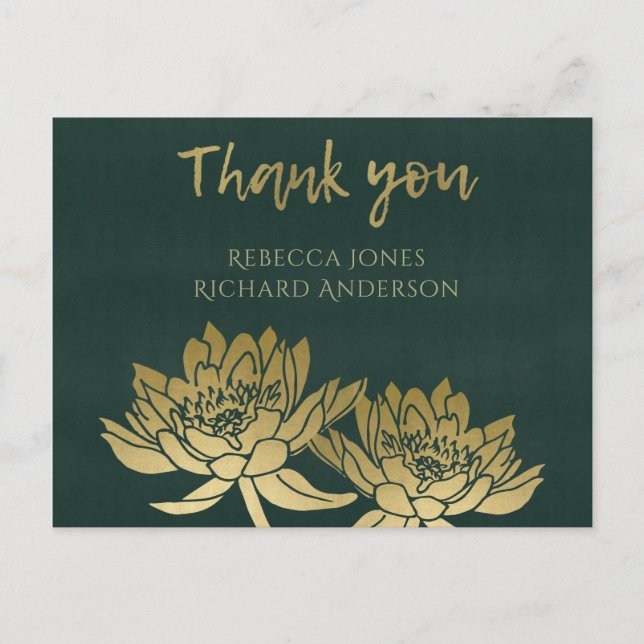 GLAMOROUS GOLD DARK GREEN LOTUS FLORAL THANK YOU POSTCARD (Front)