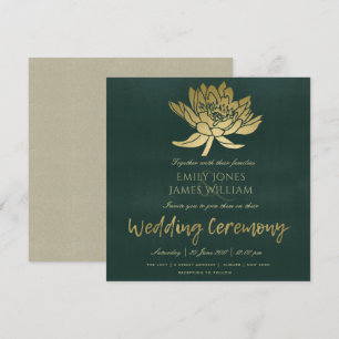 GLAMOROUS GOLD DARK GREEN LOTUS FLORAL WEDDING INVITATION