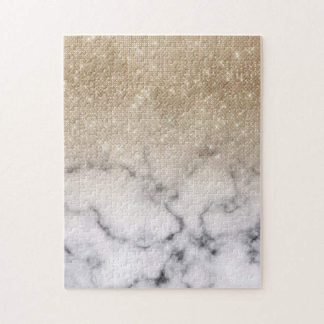 Glamorous Gold Glitter White Marble Ombre Jigsaw Puzzle (Vertical)