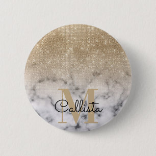 Glamorous Gold Glitter White Marble Ombre Monogram 6 Cm Round Badge