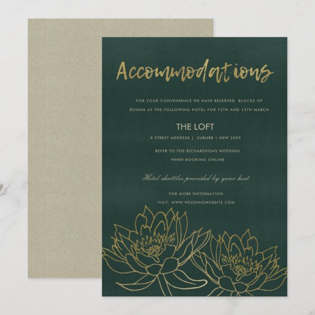 GLAMOROUS GOLD GREEN LOTUS FLORAL ACCOMMODATION INVITATION (Front/Back)