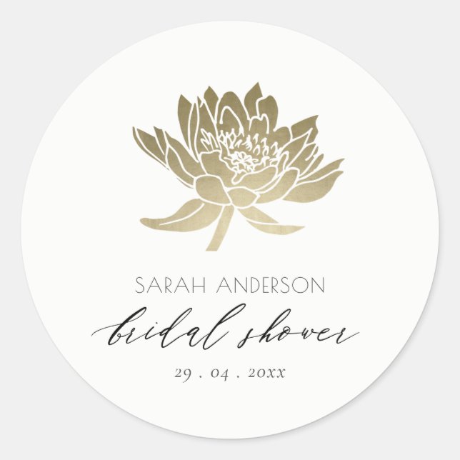 GLAMOROUS GOLD WHITE LOTUS FLORAL BRIDAL SHOWER CLASSIC ROUND STICKER (Front)
