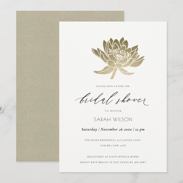 GLAMOROUS GOLD WHITE LOTUS FLORAL BRIDAL SHOWER INVITATION (Front/Back)
