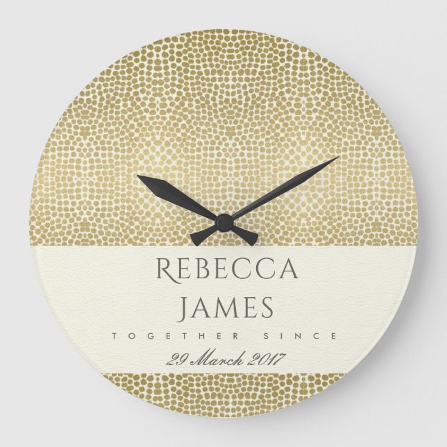 GLAMOROUS GOLD WHITE MOSAIC DOT SAVE THE DATE GIFT LARGE CLOCK (Front)