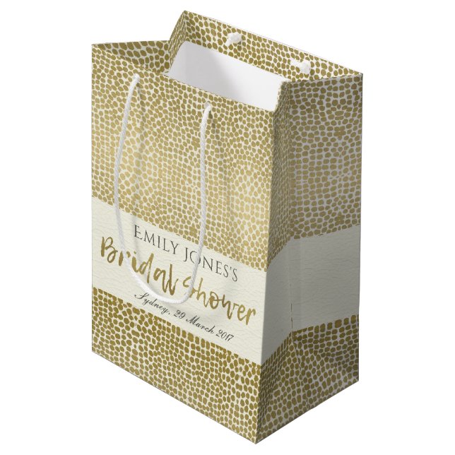 GLAMOROUS GOLD WHITE MOSAIC DOTS BRIDAL SHOWER MEDIUM GIFT BAG (Front Angled)