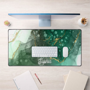 Glamorous Green and Gold Swirls Personalized Desk Mat