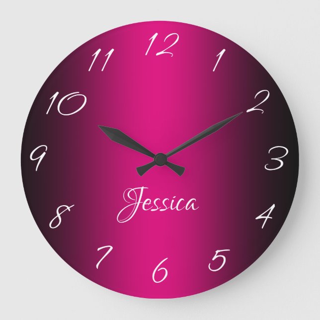 Glamorous Hot Pink and Black Ombre Personalized Large Clock (Front)