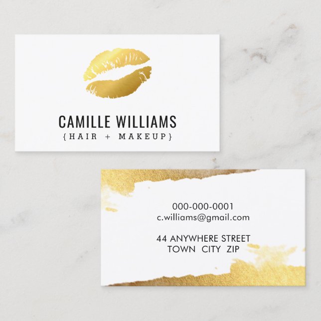 GLAMOROUS MINIMALIST faux gold kiss lips lipstick Business Card (Front/Back)