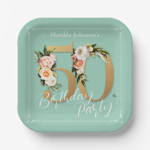 Glamorous Mint 50th Birthday Gold Floral Vintage  Paper Plate