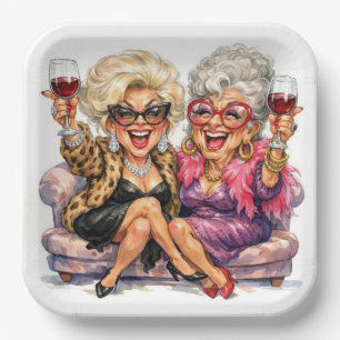 Glamorous Old Ladies With Red Wine Paper Plate