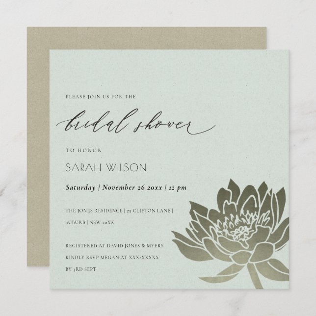 GLAMOROUS PALE BLUE SILVER LOTUS BRIDAL SHOWER INVITATION (Front/Back)
