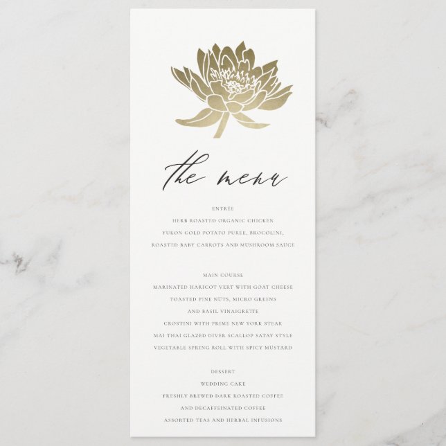 GLAMOROUS PALE GOLD WHITE KRAFT LOTUS FLORAL MENU (Front)