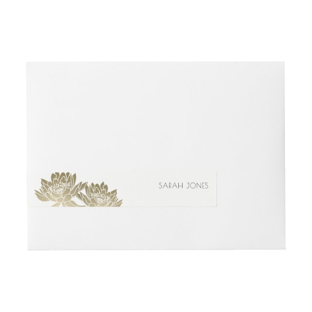 GLAMOROUS PALE GOLD WHITE  LOTUS FLORAL MONOGRAM WRAPAROUND ADDRESS LABEL (Front)