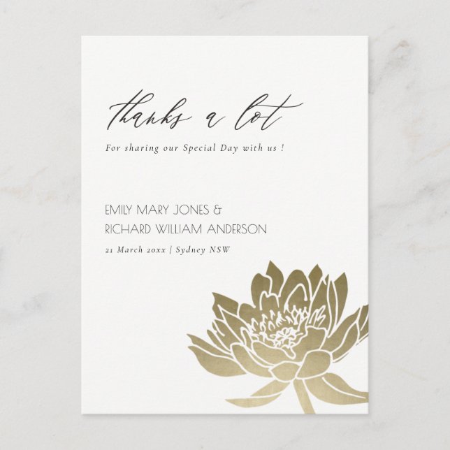 GLAMOROUS PALE GOLD WHITE LOTUS FLORAL THANK YOU POSTCARD (Front)