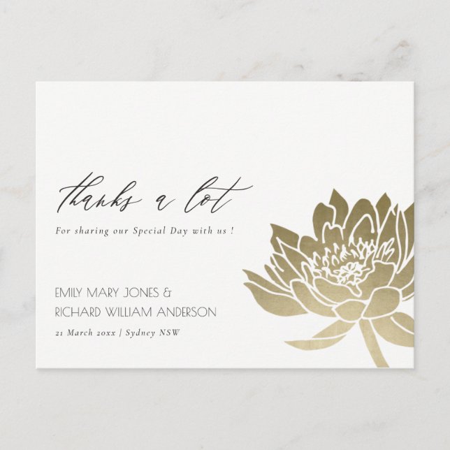 GLAMOROUS PALE GOLD WHITE LOTUS FLORAL THANK YOU POSTCARD (Front)