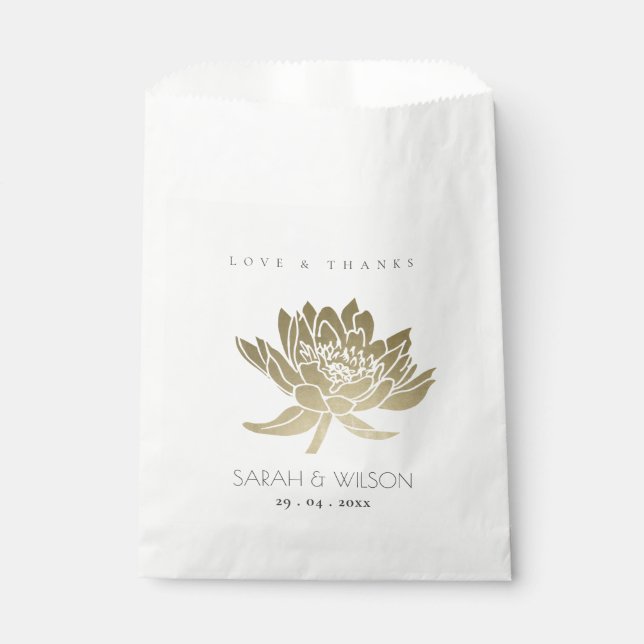 GLAMOROUS PALE GOLD WHITE LOTUS FLORAL WEDDING FAVOUR BAGS (Front)