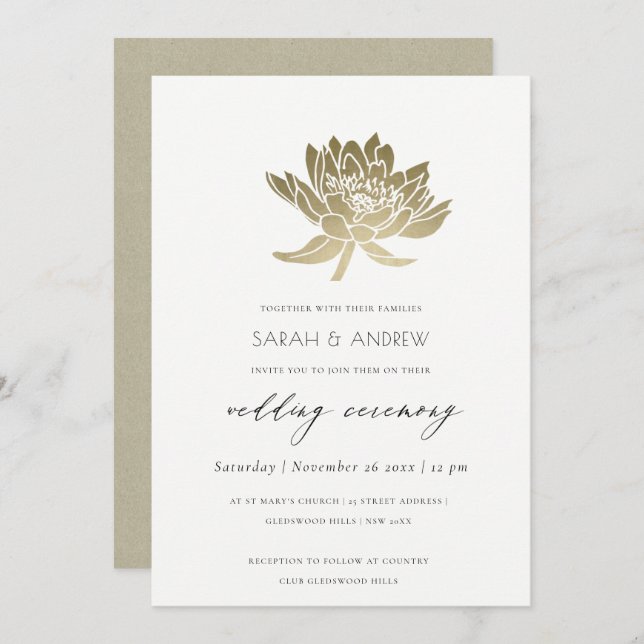 GLAMOROUS PALE GOLD WHITE LOTUS FLORAL WEDDING INVITATION (Front/Back)