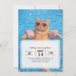    Glamorous Poolside Cat Floating In Style        Invitation