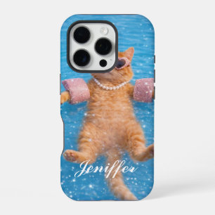 Glamorous Poolside Cat Floating In Style iPhone 16 Pro Case