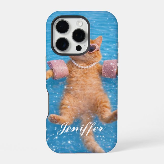Glamorous Poolside Cat Floating In Style           iPhone Case (Back)
