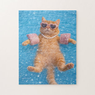 Glamorous Poolside Cat Floating In Style Jigsaw Puzzle