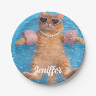 Glamorous Poolside Cat Floating In Style           Paper Plate