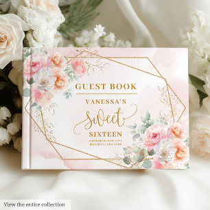 Glamorous Powder Pink Gold Flowers Sweet Sixteen Guest Book